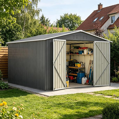 YOPTO 10x10 FT Outdoor Storage Shed,Large Metal Tool Sheds with Updated Frame Structure and Lockable Doors, Garden Shed for Backyard Patio Lawn,Grey