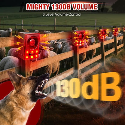 Solar Outdoor Motion Sensor Alarm, Dog Barking&Gunshot Sound,130db Loud Noise Maker,Support Recording,13 Kinds of Sound and Strobe Light to Deter Raccoons, Deer, Skunks, Bears, and Coyotes