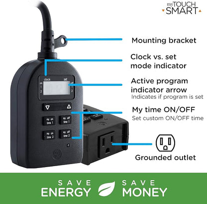 myTouchSmart Indoor/Outdoor Plug-in Digital Timer, One Grounded Outlet, Two Easy-to-Set Custom Daily On/Off Times, Weather Resistant, Ideal for Small Pumps and Seasonal Lighting, 36027