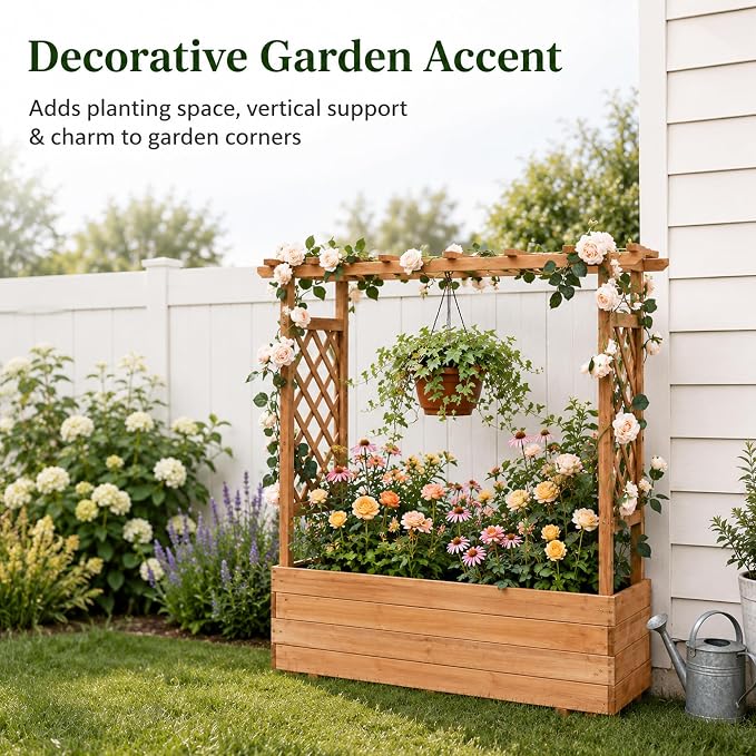 Raised Garden Bed with Arch Trellis & Hanging Roof for Climbing Plants