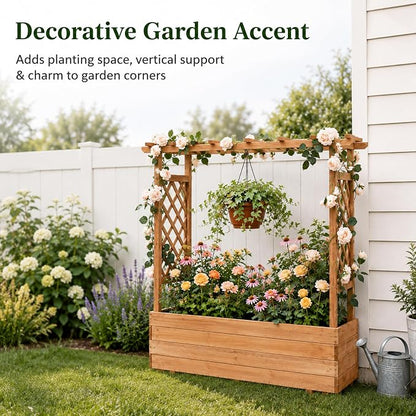 Raised Garden Bed with Arch Trellis & Hanging Roof for Climbing Plants