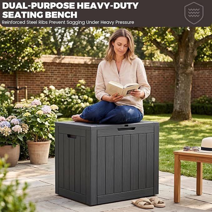Outdoor Storage Box, 35 Gallon Waterproof Deck Box [Upgraded 3.1], Tool-Free Resin Storage for Patio Cushions, Balcony Pool Toys, Lockable Outside Side Table Ottoman, Balcony, Black