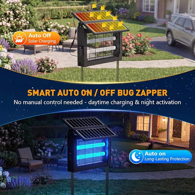 Solar Bug Zapper Outdoor, 4500V Solar Mosquito Zapper with Dual Solar Panels, 1/2 Acre Coverage Cordless Rechargeable Electric Fly Zapper, IPX5 Waterproof Mosquito Traps for Backyard, Patio, Camping
