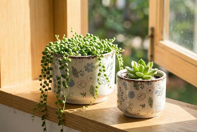 Ice Crack Plant Pots with Drainage, 6 & 7 inch Ceramic Planters for Indoor Outdoor Plants, Set of 2 Vintage Flower Pots, Rustic Tuscan Decor for Gardening, Kitchen Bedroom, Blue & Beige