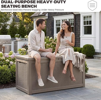 Outdoor Storage Box, 320 Gallon Waterproof Deck Box [Upgraded 3.1], Giant Resin Storage for King Cushions, Lockable Bench Chest, Estate Yard Garden BBQ Gathering, Grey