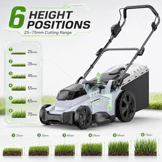 40V Cordless Lawn Mower, 17" Walk Behind Electric 4.0 Ah Battery Powered Lawnmower, with 50L Grass Bag, Brushless Motor, 6 Adjustable Cutting Heights, for Garden/Patio/Yark/Lawn - White