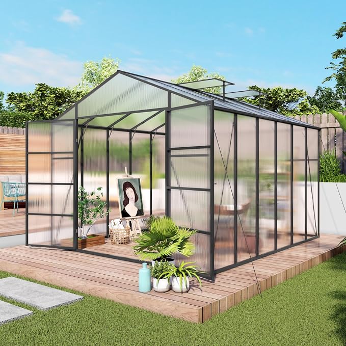 10x12 FT Greenhouse, Walk-in Heavy Duty Polycarbonate Outdoor Greenhouses with Raised Base & Anchor, Height-Enhanced Aluminum Frame & Drainage System for Backyard All Season Growing, Black