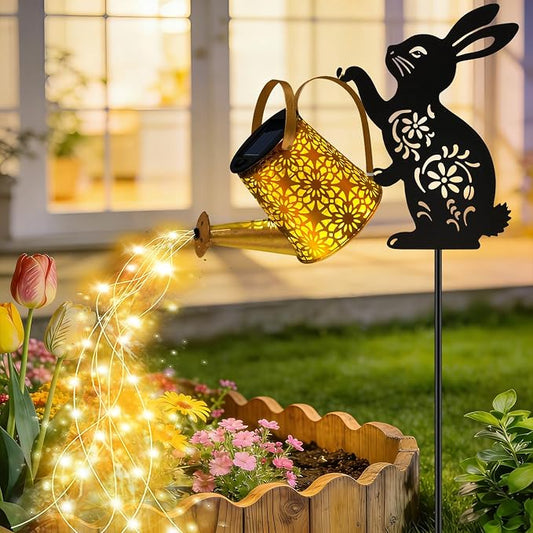 VOOKRY Solar Lights Outdoor,Watering Can with Bunny Silhouette Stake | Garden Gifts for Mom,Women&Garden Lovers Waterproof Metal Garden Water kettle,Decorative Yard Patio Lawn Pathway Decor(1Pack)