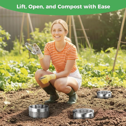 2 Pack Worm Composter Worm Bin, Stainless Steel Inground Compost Bin with Handle, Metal Worm Composting System for Kitchen Food Waste Recycling, Outdoor Garden Vermicomposting Bin w/Lid, Easy Install