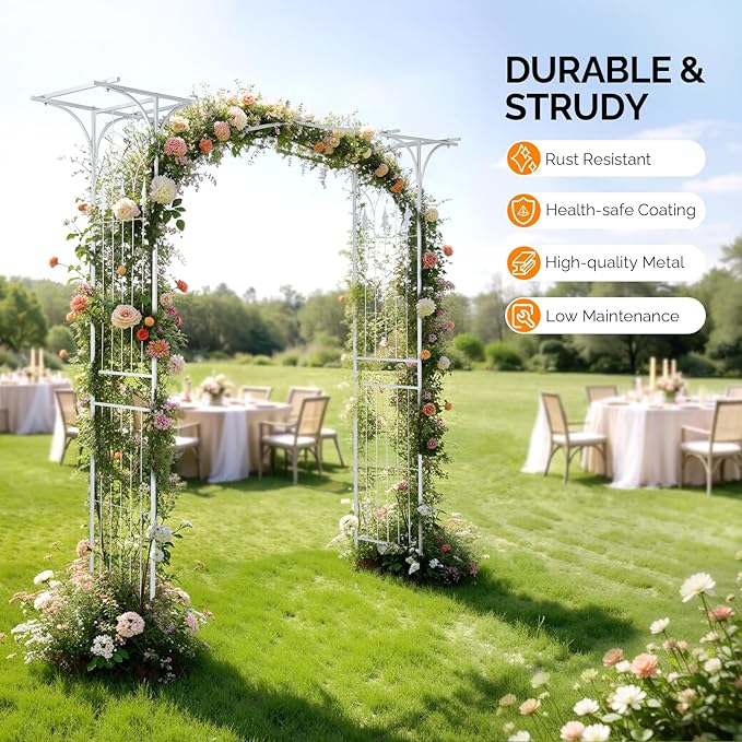 VINGLI Garden Arbor, Arch Archway for Wedding Ceremony Party, Steel Garden Trellis for Plant Climbing, Christmas Garden Decorations Pergola for Garden, Backyard, Lawn (White)