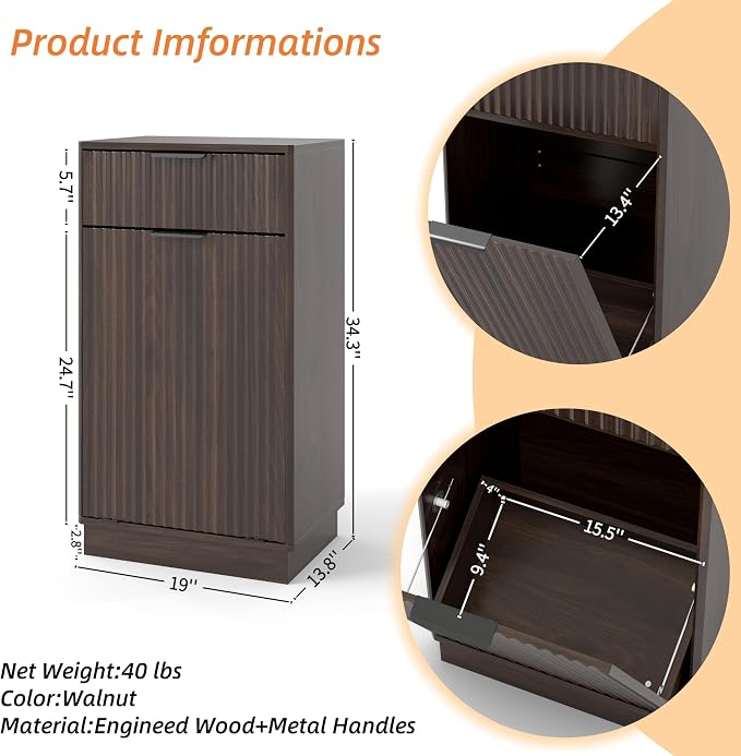 Ball & Cast 10-Gallon Tilt Out Trash Can Cabinet with Hideaway Drawer, Wooden Freestanding Garbage & Recycling Cabinet, Wave-Textured Pull-Out Bin for Kitchen, Bathroom, Living Room (Walnut)