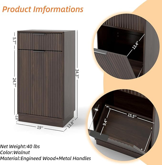 Ball & Cast 10-Gallon Tilt Out Trash Can Cabinet with Hideaway Drawer, Wooden Freestanding Garbage & Recycling Cabinet, Wave-Textured Pull-Out Bin for Kitchen, Bathroom, Living Room (Walnut)