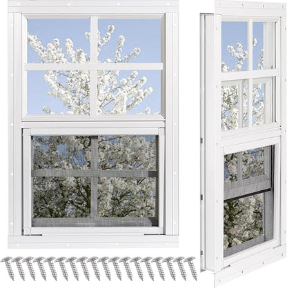 Shed Windows 2 Pack, Chicken Coop Windows 14" x 21" White | Flush Mounted Small Windows with Tempered Glass and Fiberglass Screen for Shed, Barns, Playhouse, Household, Garage