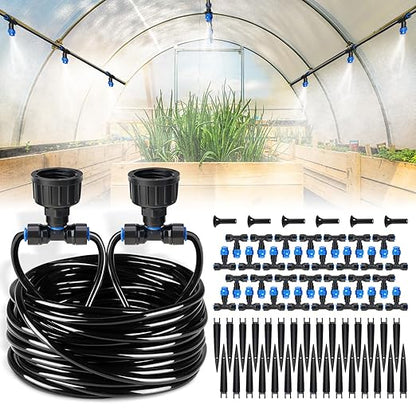HIRALIY 118FT Drip Irrigation Kit, Quick-Connect Garden Watering System with 30 Adjustable Misting Nozzles and 1/4 in Tubing for Greenhouse Rows, Hanging Plants, Raised Beds & Patio Gardens