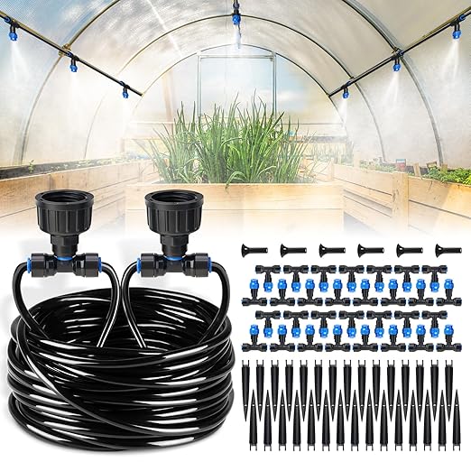 HIRALIY 118FT Drip Irrigation Kit, Quick-Connect Garden Watering System with 30 Adjustable Misting Nozzles and 1/4 in Tubing for Greenhouse Rows, Hanging Plants, Raised Beds & Patio Gardens