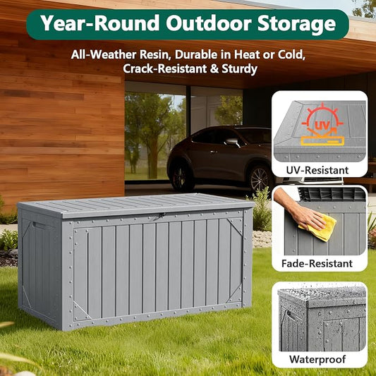 Outdoor Storage Box, 98 Gallon Deck Box, Outdoor Storage Bench, Waterproof Resin Storage Bench with Lockable Lid, Patio Furniture Cushions & Garden Tools Storage, UV Resistant (Gray)