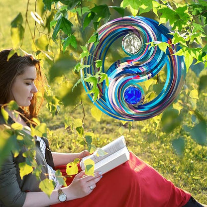 FONMY Mandala Wind Spinner w/Crystal Ball-Fengshui 3D Stainless Steel Hanging Spinners Worth Gift Christmas Decoration Indoor/Outdoor Garden Décor Kinetic Yard Art 12 Inches Wind Sculpture