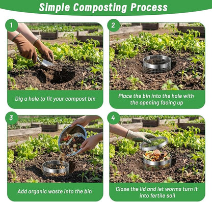 Underground Worm Composting Bin, Metal Compost Bin for Recycling Kitchen Food Waste, Outdoor Worm Compost Bin with Holes and Lid Use in Outdoor Garden Vegetable Patch Backyard (Silvery 2pcs)