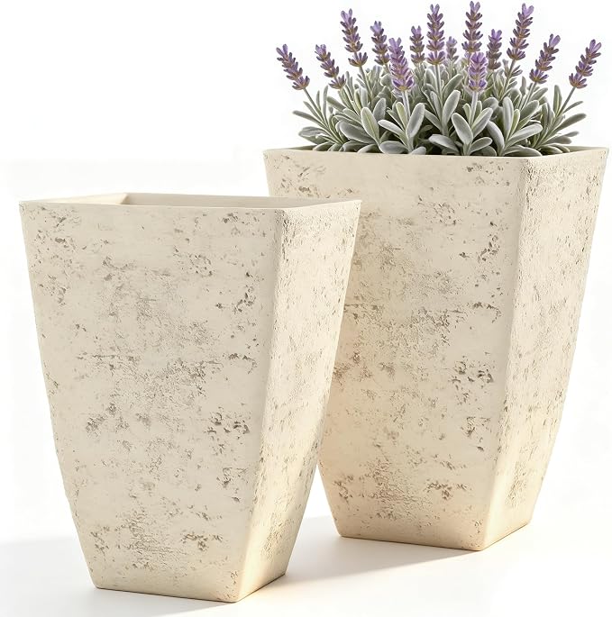 Autodaya 19" Country White Square Tall Planters Set of 2 with Drainage Hole | Handmade Birch Bark Texture, Large Indoor and Outdoor Flower Pots for Front Porch, Garden, Patio, or Entryway Decor