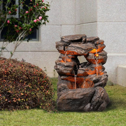 Outdoor Waterfall Fountain 20.5" Tiered with LED Lights, Natural Rock Design, Weatherproof Resin – Waterfall Fountain for Garden, Patio, Yard 24393
