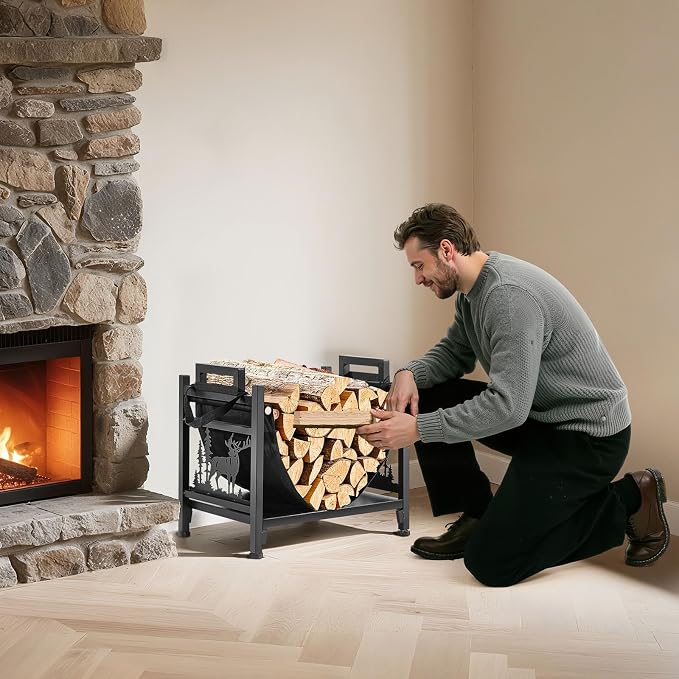 VEVOR Indoor Firewood Rack, 1.5 ft Curved Log Holder with Canvas Carrier, 40lb Weight Capacity Wood Storage Stand, Powder-Coated Steel Firewood Holder, Heavy Duty Wood Pile Stacker Rack for Fireplace