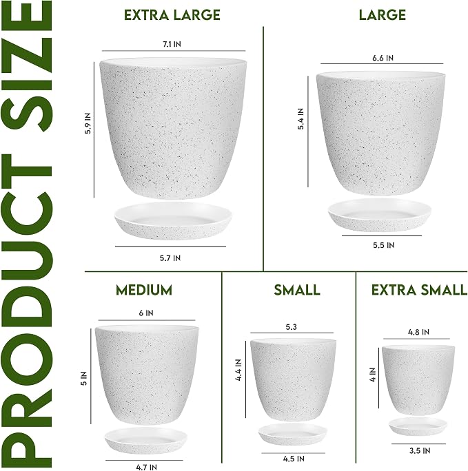 Utopia Home - Spotty Plant Pots Indoor with Drainage - 7/6.6/6/5.3/4.8 Inches Flower Pots - 5 Pack Plastic Planters - Ideal for Stocking Stuffers - (Speckled Grey, Pack of 5)