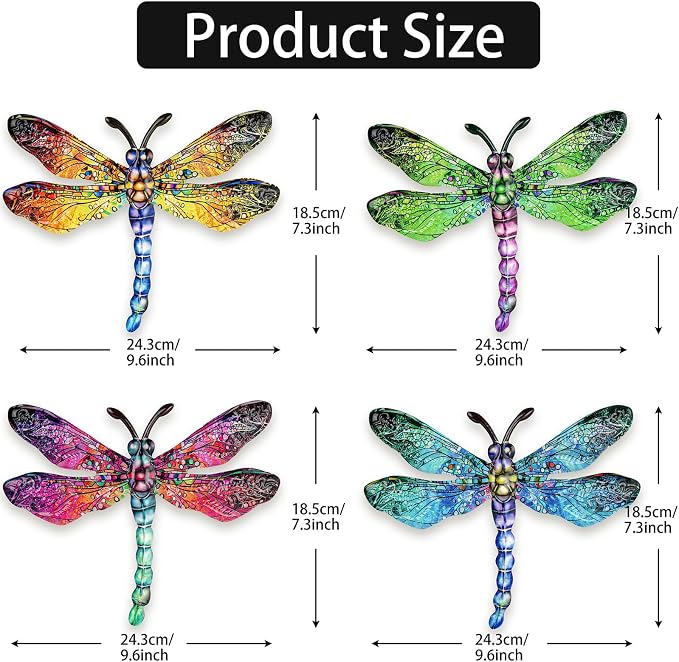 SUNREEK Metal Dragonfly Wall Decor - 9.6" Outdoor Fence Wall Art, Hanging Decorations for Garden Yard Patio Room Decorations, 4 Pack (Color-3)