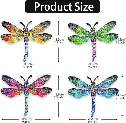 SUNREEK Metal Dragonfly Wall Decor - 9.6" Outdoor Fence Wall Art, Hanging Decorations for Garden Yard Patio Room Decorations, 4 Pack (Color-3)