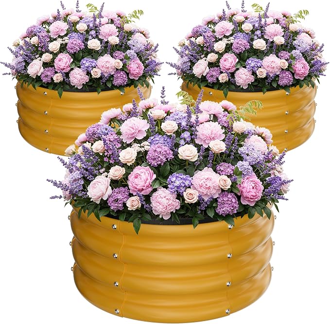 ZXZYHFTY Raised Garden Bed, 0.6 mm Galvanized Steel Round Planter Box with Open Bottom, Metal Raised Garden Bed for Vegetables Flowers Herbs Mailbox Planter Accent, 2 x 2 x 1 FT, 3 Pack Yellow
