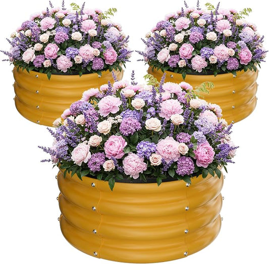 ZXZYHFTY Raised Garden Bed, 0.6 mm Galvanized Steel Round Planter Box with Open Bottom, Metal Raised Garden Bed for Vegetables Flowers Herbs Mailbox Planter Accent, 2 x 2 x 1 FT, 3 Pack Yellow