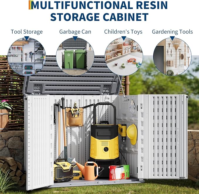 35Cu ft Outdoor Resin Storage Cabinet, Outdoor Trash Can Storage Waterproof, Outdoor Resin Storage Box for Patio Tools, Sofa Cushion, Lawn Mower and Garbage Cans