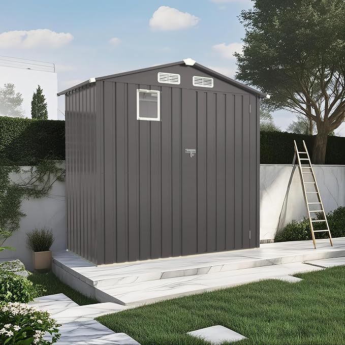 YOPTO 6X4 FT Metal Outdoor Storage Shed,Waterproof Tool Sheds with Pitched Roof and Positive Window,Backyard House Buildings w/Lockable Door & Vents,for Garden Sundries Sundries Bike,Gray
