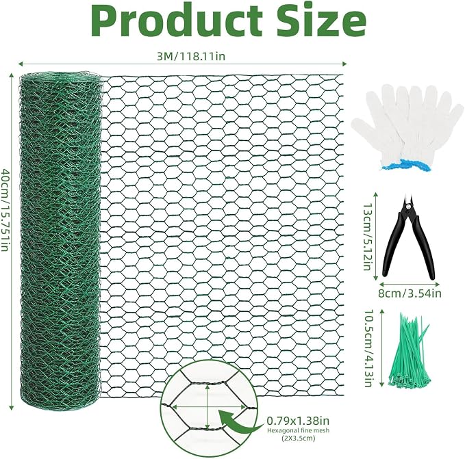 Chicken Wire for Floral Arrangements - Hexagonal Galvanized PVC Coated Poultry Wire Mesh Netting with Gloves, Wire Cutter & Zip Ties for Crafts, Poultry, Gardening Fence (15.7 x 118 lnches)