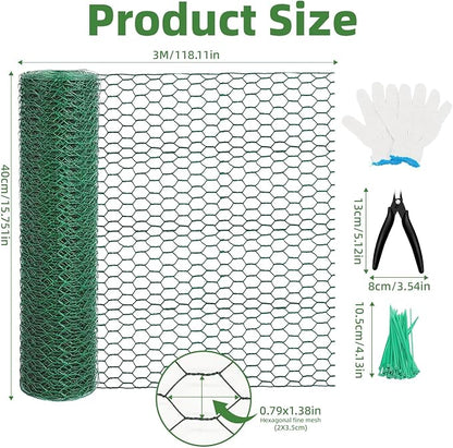 Chicken Wire for Floral Arrangements - Hexagonal Galvanized PVC Coated Poultry Wire Mesh Netting with Gloves, Wire Cutter & Zip Ties for Crafts, Poultry, Gardening Fence (15.7 x 118 lnches)