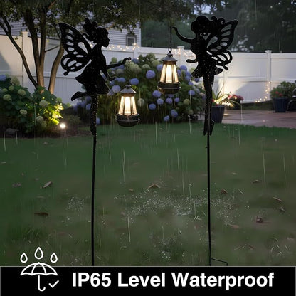Solar Fairy Garden Accessories Outdoor 1 Pair - Metal Stakes Decorative Figurines Housewarming Ornament for Patio, Lawn, Yard, Pathway - Unique Gift Ideas for Mom Grandma (Warm Lighting)