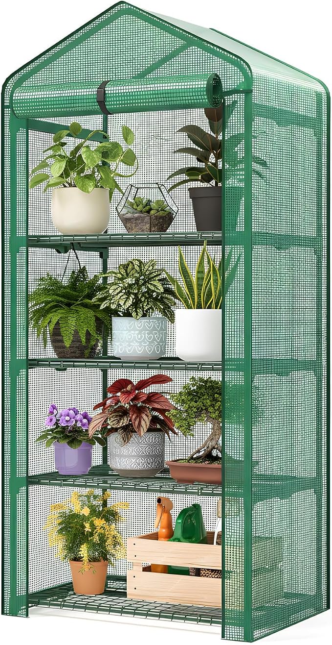 Superlele Mini Greenhouse, Plant Stand for Indoor Outdoor, 27x19x62-Inch Plant Greenhouse, 4 Tier Plant Shelf with Green PE Mesh Cover, Portable Greenhouse for Seeding, Gardening Gifts