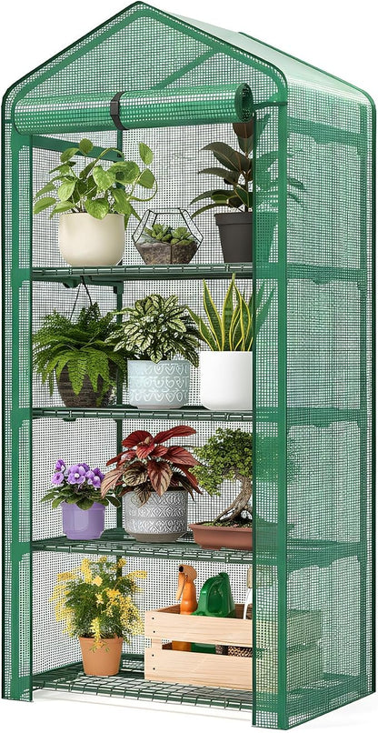 Superlele Mini Greenhouse, Plant Stand for Indoor Outdoor, 27x19x62-Inch Plant Greenhouse, 4 Tier Plant Shelf with Green PE Mesh Cover, Portable Greenhouse for Seeding, Gardening Gifts