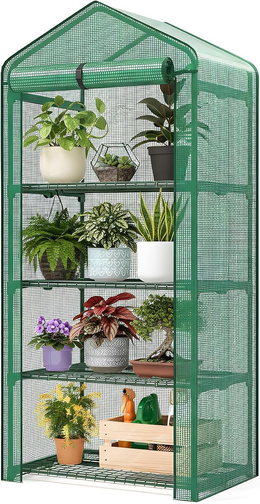 Superlele Mini Greenhouse, Plant Stand for Indoor Outdoor, 27x19x62-Inch Plant Greenhouse, 4 Tier Plant Shelf with Green PE Mesh Cover, Portable Greenhouse for Seeding, Gardening Gifts