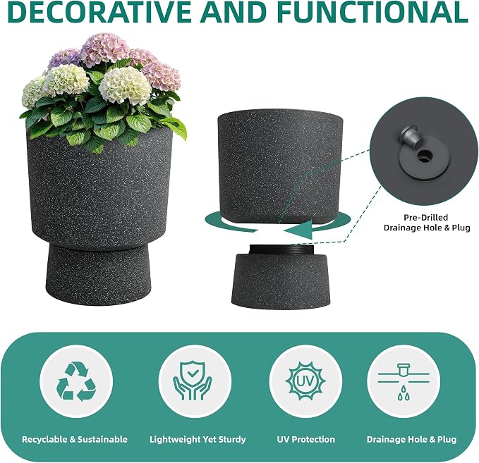 Autodaya 16.8" Black Terrazzo Pedestal Planters Set of 2 with Drainage Hole | Modern Plastic Flower Pots with Weather-Resistant Finish for Indoor or Outdoor Garden, Patio, Balcony, or Entryway Decor