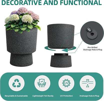 Autodaya 16.8" Black Terrazzo Pedestal Planters Set of 2 with Drainage Hole | Modern Plastic Flower Pots with Weather-Resistant Finish for Indoor or Outdoor Garden, Patio, Balcony, or Entryway Decor