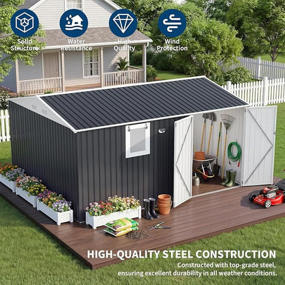 Garvee 10 x 12 FT Heavy-Duty Metal Outdoor Storage Shed with Motion Sensor Solar Light and Window,Pegboard Tool Organizer, Lockable Doors and 4 Air Vents, Garden Shed for Patio, Garage, Backyard