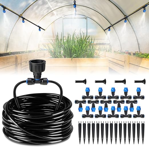HIRALIY 59FT Drip Irrigation Kit, Quick-Connect Garden Watering System with 15 Adjustable Misting Nozzles and 1/4 in Tubing for Greenhouse, Hanging Plants, Raised Beds & Patio Containers