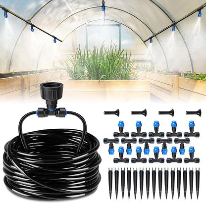 HIRALIY 59FT Drip Irrigation Kit, Quick-Connect Garden Watering System with 15 Adjustable Misting Nozzles and 1/4 in Tubing for Greenhouse, Hanging Plants, Raised Beds & Patio Containers