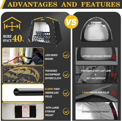 Happy Travel Bike Storage Shed Tent, Waterproof Portable Bike Cover with 40% More Top Space for 2/3/4/5 Bikes,Clips Easy Setup Sheds Shelter with Lockable Bicycle Design for Garden Tools, Lawn Mower