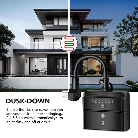 BN-LINK Outdoor Timer for Lights, Remote Control Outdoor Timer Outlet with Dusk to Dawn Sensor, 2/4/6/8 Hour Countdown, 100 ft RF Range, 6-Inch Grounded Cord, 15A 1/2HP, ETL Listed