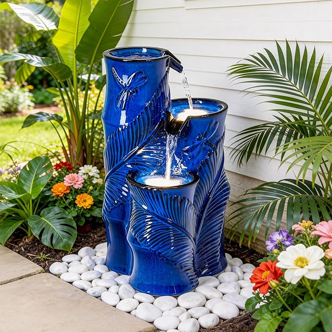 Autodaya 25.5" Ceramic Outdoor Water Fountain with LED Lights, Bamboo-Style | Unique Cobalt Blue Natural Leaf Dragonfly Texture Water Feature, 3-Tier Cascading Waterfall for Garden Patio Yard Relax Oasis