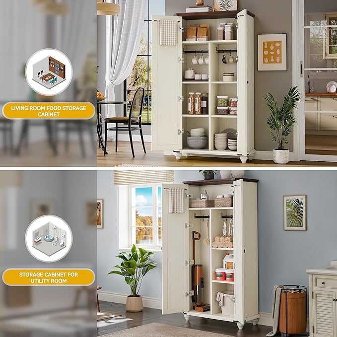DWVO 4-Tier Storage Cabinet with 2 Shutter Doors, Farmhouse Kitchen Pantry Cabinet with Adjustable Shelves, Wooden Cabinet for Kitchen, Dining Room, Living Room, Office, Rustic White | 4-Tier Storage Cabinet with 2 Shutter Doors, Wooden Cabinet for Kit...