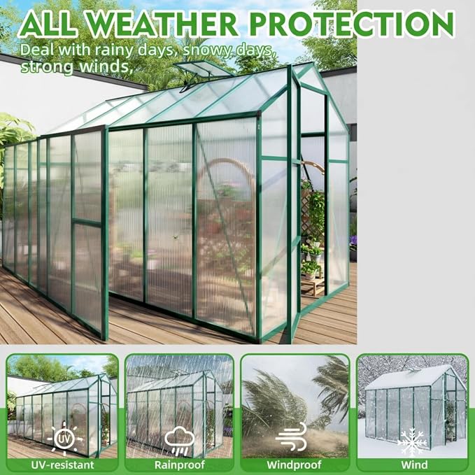 6x10 FT Greenhouse, Walk-in Heavy Duty Polycarbonate Outdoor Greenhouses with Raised Base & Anchor, Height-Enhanced Aluminum Frame, & Drainage System for Backyard All Season Growing, Green
