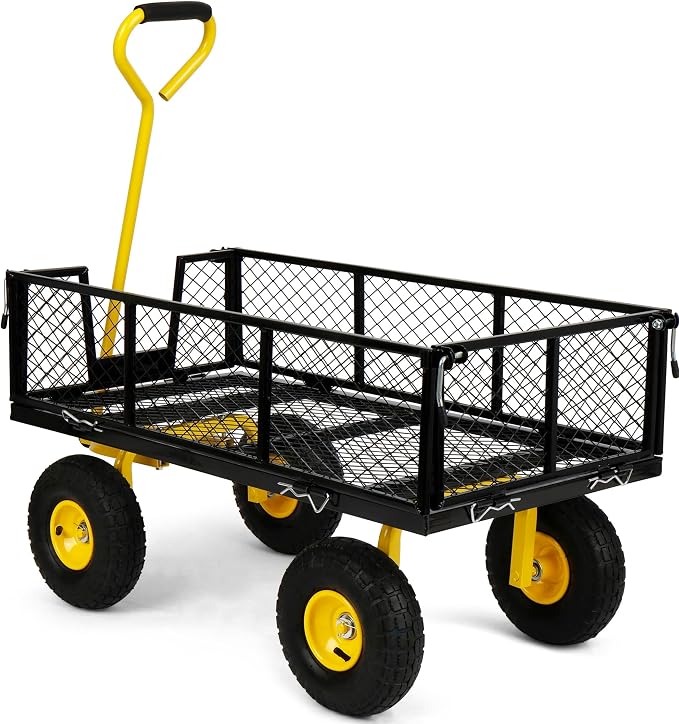 Simpli-Magic Heavy Duty 1100 Lbs Capacity Mesh Steel Garden Cart Folding Utility Wagon Yard Cart with Removable Sides and Large Wheels