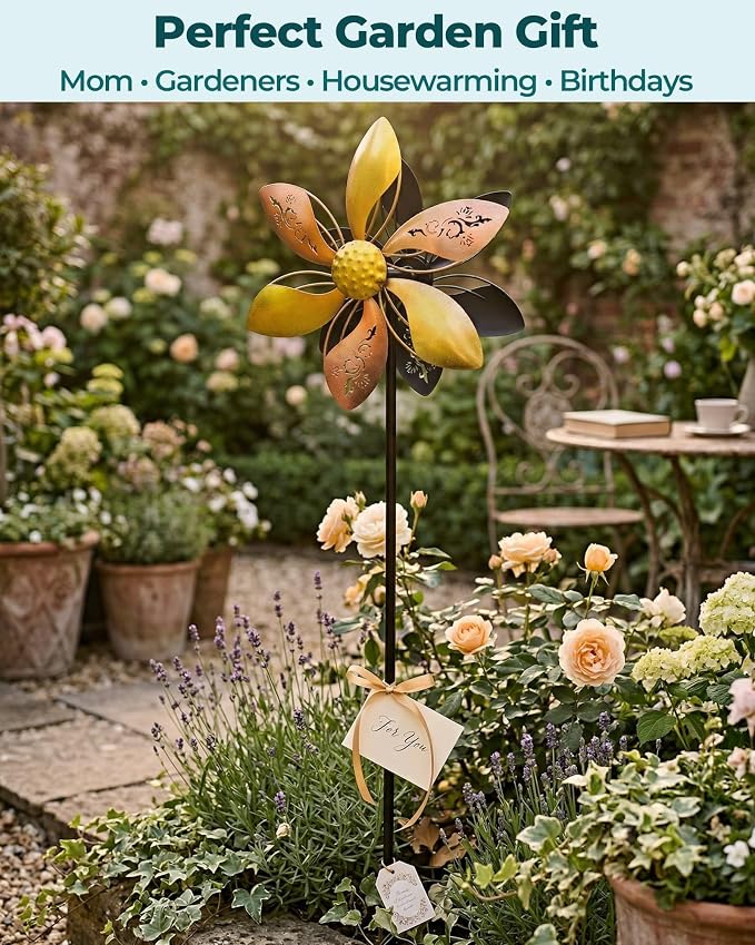 Double-Sided Metal Wind Spinner for Yard, 37" Kinetic Garden Decor | Weather-Resistant Finish, Smooth Spinning Motion, Sturdy 5-Prong Stake, Quick Assembly, Ideal for Lawns, Gardens, and Patios